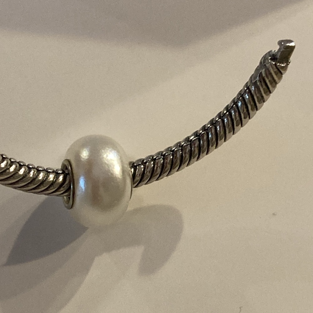 NWOT - Silvertone Gilt Edging White Pearl Flat Round Big Hole Slider Bead Charm